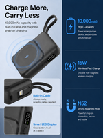 Batterie externe 10000mAh avec câble Type-C intégré, charge magnétique sans fil 22W PD et 15W, 4 ports USB-C/A, écran LED, OEM