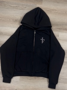 Sweat à capuche zippé en molleton épais de coton personnalisé, épaules tombantes, poche kangourou, strass, pour hommes, fabricant de vêtements - Product Image 3