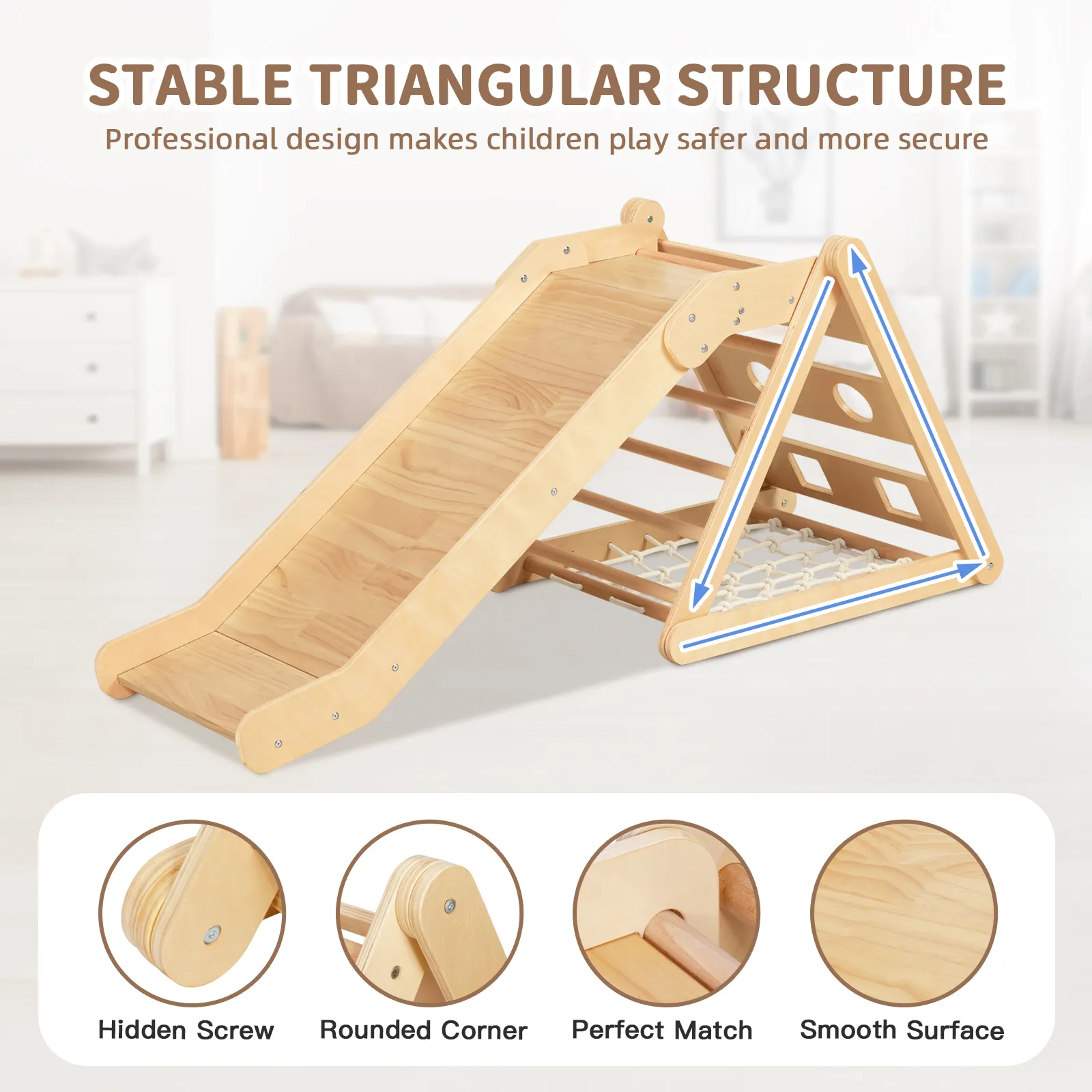 Estrutura de escalada triangular de madeira 2 em 1 para crianças e escorregador de brinquedos para academia interna