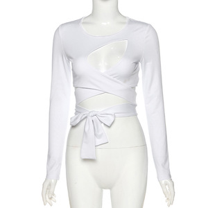 Nuova Maglietta Estiva da <span class=keywords><strong>Donna</strong></span> a <span class=keywords><strong>Maniche</strong></span> Lunghe, Sexy Crop Top Bianco e Nero, T-Shirt Femminile alla Moda - Product Image 5