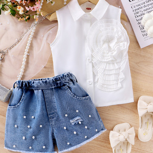 2025 Novas chegadas Roupas para Meninas 3D Flor Cardigan Camisa Sem Mangas Pérola Denim Shorts Roupas Crianças