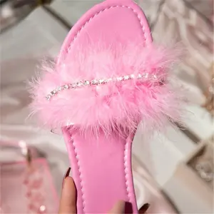 Sexy Kim Cương Strappy Hở Ngón Hồng Đen Apricot Fluffy Slides Dép Kích Thước Lớn Slingback Rhinestone Fur Slides Căn Hộ Dép Đi Trong Nhà