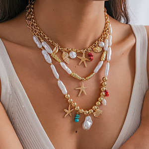 Multi Layer Beach Starfish Shell Pearl Necklace Women Boho Baroque Pearl Ocean Pendant Clavicle <b>Chain</b> Summer Jewelry - Product Image 2