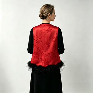 Red Floral Embroidered Women Tank <b>Top</b> Mandarin Vest Feather Trim Round Neck <b>Sleeveless</b> <b>Summer</b> Outerwear - Product Image 3