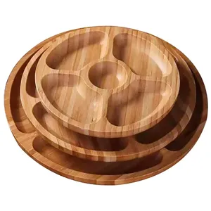 カスタムシェイプ天然木プレート丸皿サービングトレイ前菜トレイ分割3セクションスナックに最適