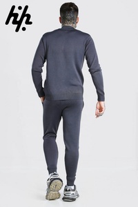 Men's Winter Lightweight <b>Charcoal</b> Grey Customizable 2-in-1 Smart Knitted Bomber <b>Jogger</b> Skinny Fit Polyester/Cotton Tracksuit - Product Image 2
