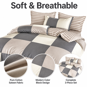 Poland Stock <b>Neutral</b> Block <b>Bedding</b> <b>Set</b> Charcoal Cream Check Cotton Duvet EU Dropshipping 3pcs - Product Image 3