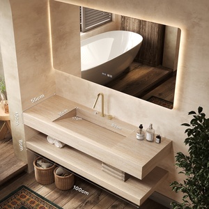 Meuble de salle de bain mural moderne personnalisé avec double vasque en pierre résistante à l'eau, facile à nettoyer et durable - Product Image 6