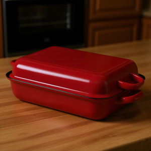 Roasting <b>Pan</b> With Lid Red Enamel Coated <b>Cast</b> Iron Rectangular Baking Dish For Oven Use - Product Image 3