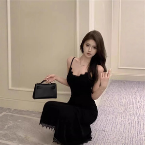 Black Lace Slip Dress Sweetheart Neckline Bodycon Long Skirt With Slit Evening Dress - Product Image 4