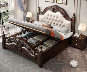 Solid Wood Frame Wedding <strong>Princess</strong> <strong>Bed</strong> - European Luxury Antique Style King Size <strong>Bed</strong> Set,Genuine Leather Carved Bedroom Furniture - Product Image 4