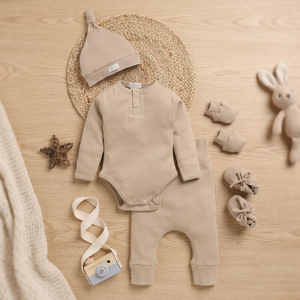 Premium Quality Organic Bamboo Elastane <b>Cot</b> and Candy Baby Clothing <b>Sets</b> Pack of 5 Including Beanie Latte - Product Image 3