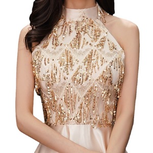 Champagne-Colored Elegant Long Evening Gown High Neck A-Line Satin Wrap And Tie Empire Waistline For Female Hosts And Socialites - Product Image 5