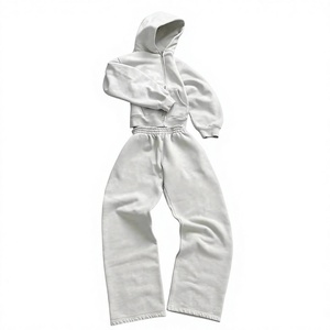 Unisex <b>White</b> Cotton Tracksuit Two <b>Piece</b> Hoodie Jogger <b>Set</b> Full Length Loose Fit Casual Autumn Wear With Side Pockets Zipper Fly - Product Image 1