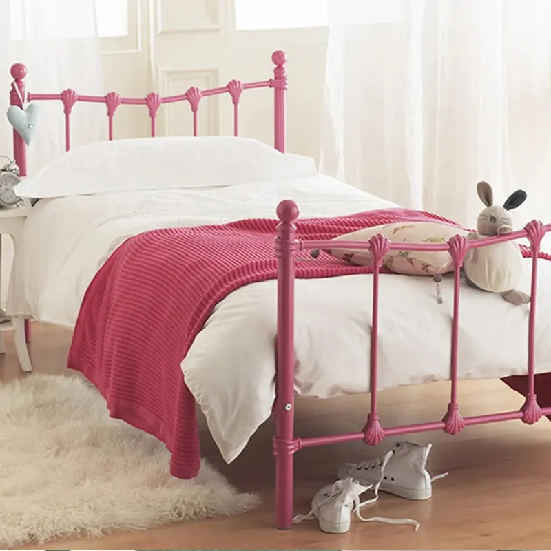 Cama para niños, mueble de metal de un solo tamaño, material de acero, estilo hierro rosa