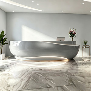 Custom Curved Wood Slice Reception Desk Luxury Modern Front Desk For 5 Star Hotel Lobby With Solid Wood Slat Design - Product Image 3