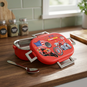 Boîte à lunch STEELO avec cuillère intégrée, boîte à lunch rectangulaire en plastique rouge avec drapeau américain et motif moto, compartiment unique - Product Image 2