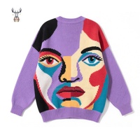 Nanteng personnalisé 100% acrylique avant garde artistique surdimensionné visage humain abstrait motif Jacquard col en V femmes Cardigan pull