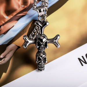 Double Skull <b>Cross</b> Pendant Stainless Steel Men's Necklace SP431 Punk Themed Jewelry Gift - Product Image 3