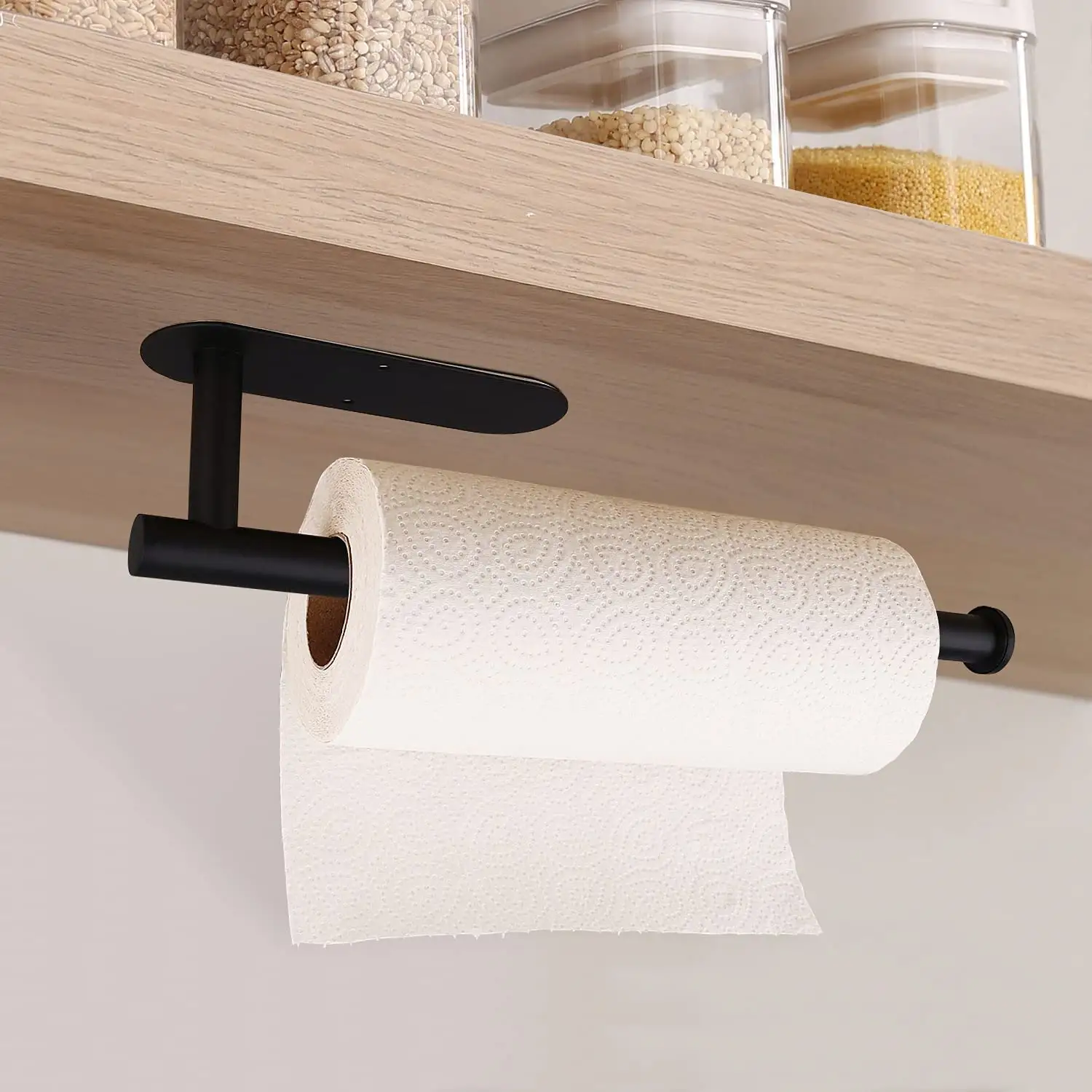 Mueble de baño de acero inoxidable sin perforación, soporte para pañuelos, cocina de gran capacidad, toallero de papel adhesivo de 3m, negro