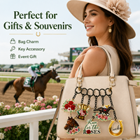 Ensemble de porte-clés vintage personnalisés en métal, émail dur, motifs Rose rouge, Trophée, Tête de cheval, Fer à cheval, Souvenir équestre et de courses de chevaux