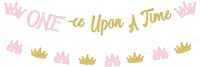 Dekorasi Ulang Tahun Pertama Bertema Putri, Spanduk Once Upon a Time, Perlengkapan Pesta Ulang Tahun Pertama Bertema Putri Warna Pink Emas