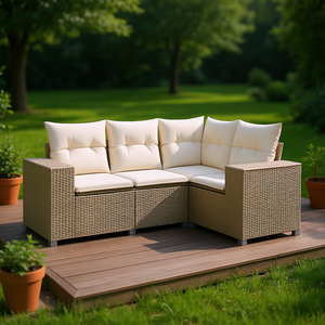Ensemble de canapés de jardin en rotin beige avec coussins en polyester, meubles d'extérieur durables, design contemporain - Product Image 2