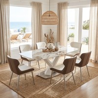 Ensemble de table à manger moderne de luxe, petite table, en acier carbone, plateau en marbre, mobilier de maison, 6 places, villa, hôtel, restaurant, stable