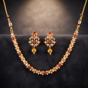 Ensemble collier et boucles d'oreilles délicats en or plaqué or et rubis, taille standard réglable, pour mariage, fiançailles, fête, bijoux 214061 - Product Image 3