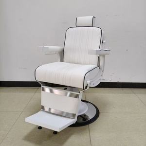 Silla de barbero duradera, directa de fábrica, cuero blanco, estructura metálica resistente, reclinable, equipo profesional para salón. - Product Image 3