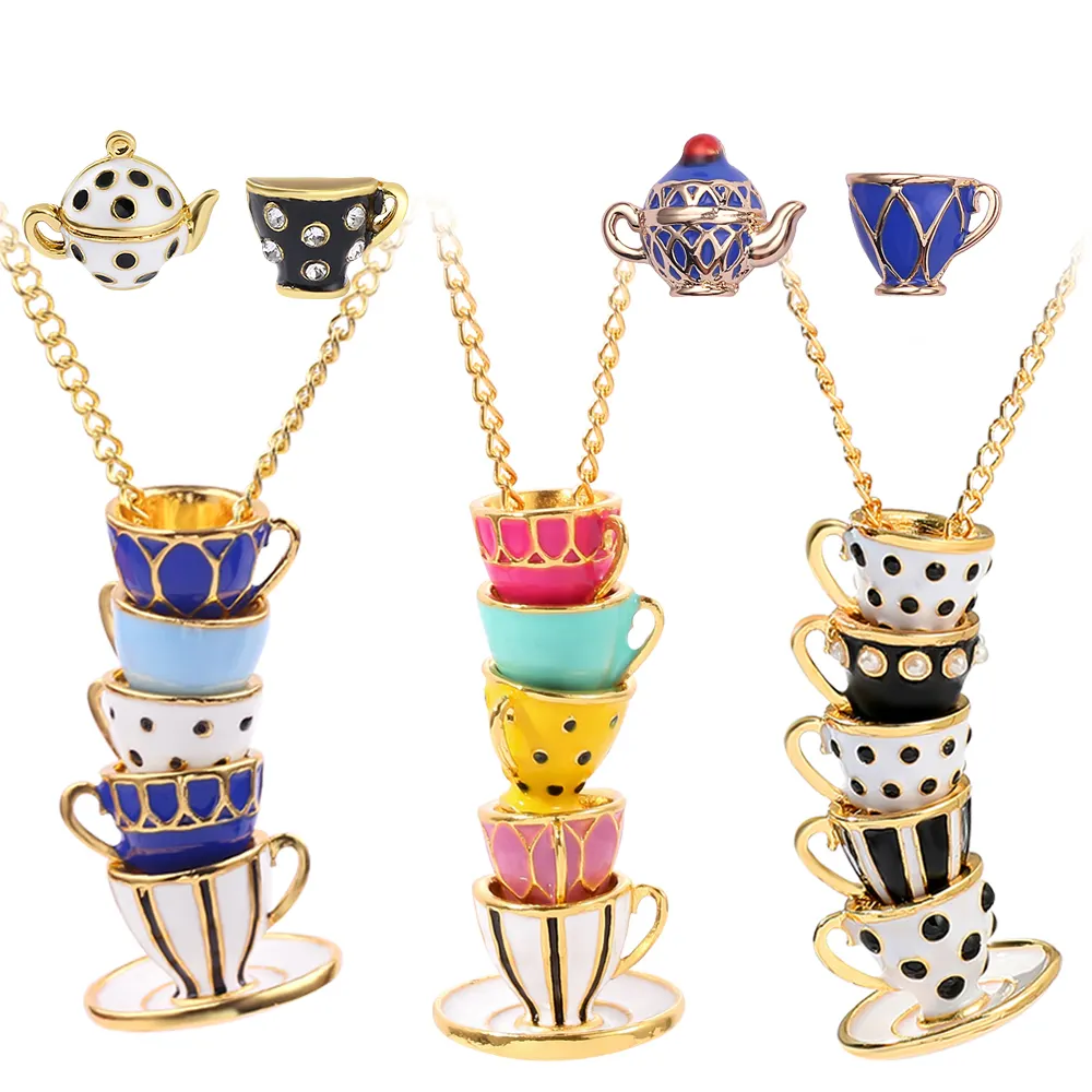 Tea Cup Teapot Necklace Pendant Woman Collier Sweater Chain Clothing Accessories Long Necklace Enamel Jewelry