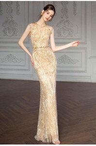 <span class=keywords><strong>Abito</strong></span> da sera da <span class=keywords><strong>donna</strong></span> <span class=keywords><strong>di</strong></span> lusso leggero color oro, elegante, con paillettes, a coda <span class=keywords><strong>di</strong></span> pesce, <span class=keywords><strong>per</strong></span> fidanzamento e sposa - Product Image 2