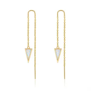 Wholesale 925 Sterling Silver Designs Beautiful Long Ear Wire Line Dangle Triangle Opal Earrings for Women Jewelry