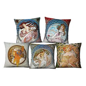 Housse de coussin vintage <span class=keywords><strong>Art</strong></span> <span class=keywords><strong>Nouveau</strong></span> européen Mucha Gallery, belle fille, coussin en lin, coussin décoratif pour la maison - Product Image 3