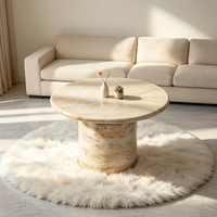 Table à manger écologique en marbre travertin beige à plateau rond et cylindre épais, 8 places, style Wabi-Sabi, pour hôtels modernes et boutiques
