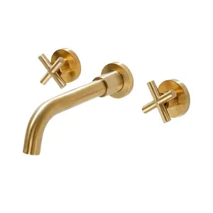 Yile double handle brushed gold bathroom faucets wall mounted basin mixer with cross lever