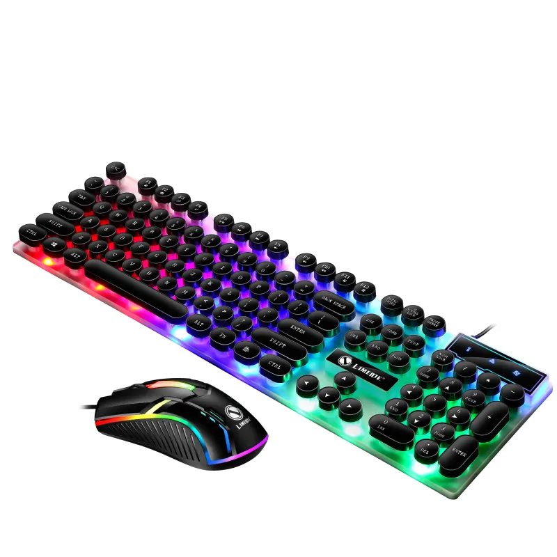 LEMEIDE GTX300 Punk Luminous Keyboard Mouse Set Retro Keyboard Round Key Wired Competitive Gaming Mouse Keyboard LED Metal Usb