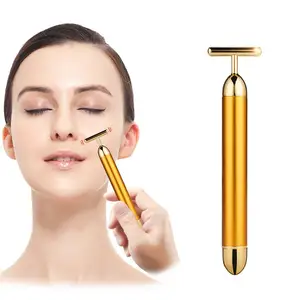 Japan Wrinkle Removal Gold Skin Tightening T Shape Vibrating Energy 24K Beauty Bar Golden Pulse V Facial Lifting Massager Wand