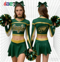 Tenues de cheerleading vert or pailleté, ensemble deux pièces avec haut court à manches longues et détail personnalisé d'aigle au dos pour la compétition