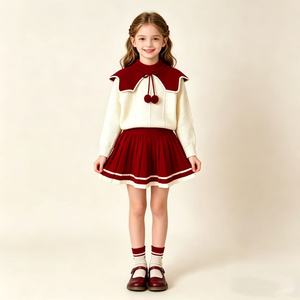 Ensemble deux pièces en tricot pour filles, style universitaire vintage, automne-<span class=keywords><strong>hiver</strong></span>, pull à grand col à pompons et jupe plissée - Product Image 3