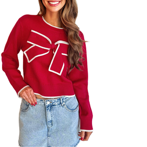 Thời Trang Mới Rắn Màu Đỏ Mùa Đông Mùa Thu Dệt Kim Áo Len Dễ Thương Ngọt Ngào Lớn Bow Phía Trước Phụ Nữ Áo Thun Áo Len - Product Image 1