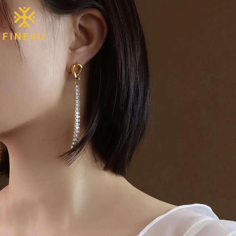 Luxury Women Jewelry Cz Cubic ZIrconia Stainless Steel 18k Gold Plated Tennis Chain Zircon Drop Earrings
