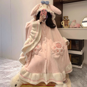 Conjuntos de ropa de dormir Pijamas de niña lindos Otoño Invierno Camisón de lana de coral Poncho grueso con forro polar Cálido - Product Image 4
