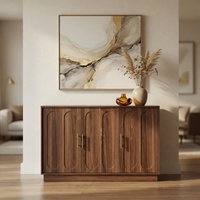 Buffet moderne en noyer AJUNION, armoire de bar à café, console d'entrée avec portes cintrées et poignées en laiton
