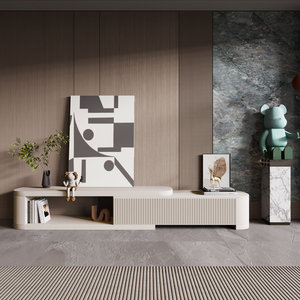 Mobile TV di Lusso Estensibile AJUNION, Arredamento in Legno per Soggiorno, Top in Finto Marmo, Console Multimediale con 3 Cassetti - Product Image 1