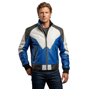 Men Blue <b>White</b> Black Leather Motorcycle <b>Jacket</b> Color Block <b>Biker</b> Racing <b>Jacket</b> Wholesale Supplier Custom Manufacturer - Product Image 1