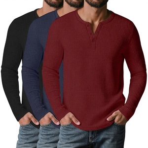 Nouvelle collection automne OEM – T-shirts décontractés pour hommes à manches longues, coupe régulière, col en V boutonné, en tissu gaufré uni, écologiques et respirants 180 - Product Image 3