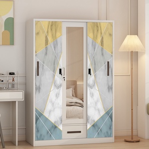Armoire en métal moderne avec miroir et motifs imprimés - Meuble de chambre à coucher avec montage facile - Product Image 1