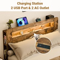 Lit plateforme moderne en bois avec tête de lit, éclairage LED, station de charge et rangement, taille Queen