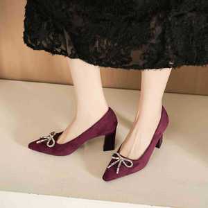 7188C-199 Suede Pumps Pointed Toe <b>Block</b> Heel With Bow Decoration <b>Rubber</b> Outsole Formal Comfort Shoes - Product Image 3